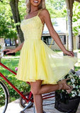 A-Line Square Neckline Mini Chiffon Homecoming Dress With Sequins - Sparkling Party Wear BM bride
