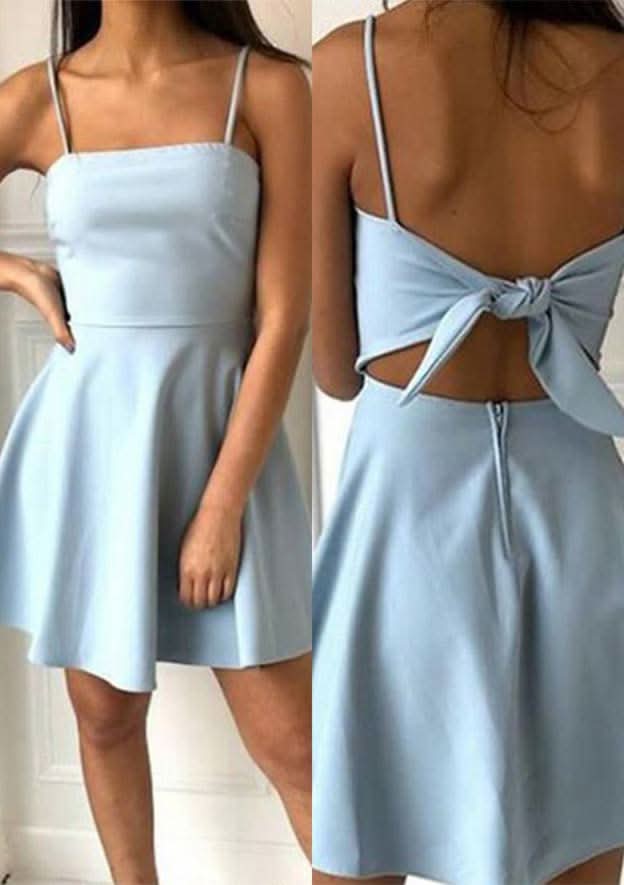 A-Line Square Neckline Mini Elastic Satin Homecoming Dress With Bowknot - Trendy Evening Dress BM bride