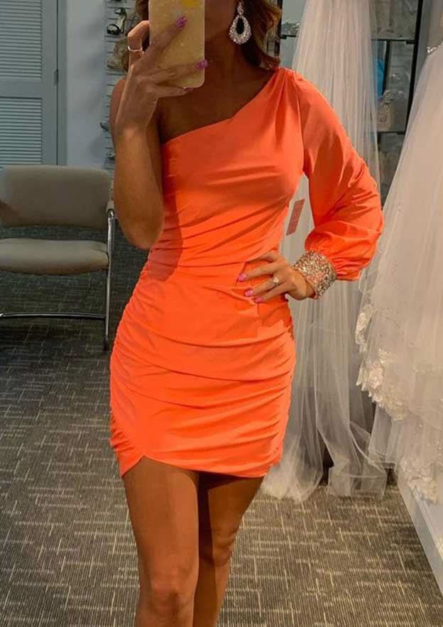 Sheath One-Shoulder Long Sleeve Mini Jersey Homecoming Dress With Crystal Pleats - Trendy Evening Gown BM bride