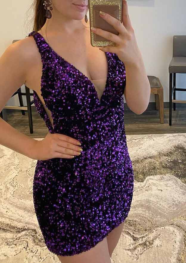 Sheath V-Neck Mini Velvet Sequins Homecoming Dress - Sparkling Evening Gown BM bride