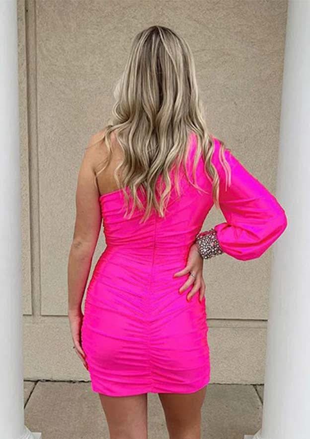 Sheath One-Shoulder Long Sleeve Mini Jersey Homecoming Dress With Crystal Pleats & Split - Trendy Evening Wear BM bride