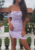 Sheath Off-The-Shoulder Sleeveless Mini Silk-Like Satin Homecoming Dress With Pleated Split BM bride