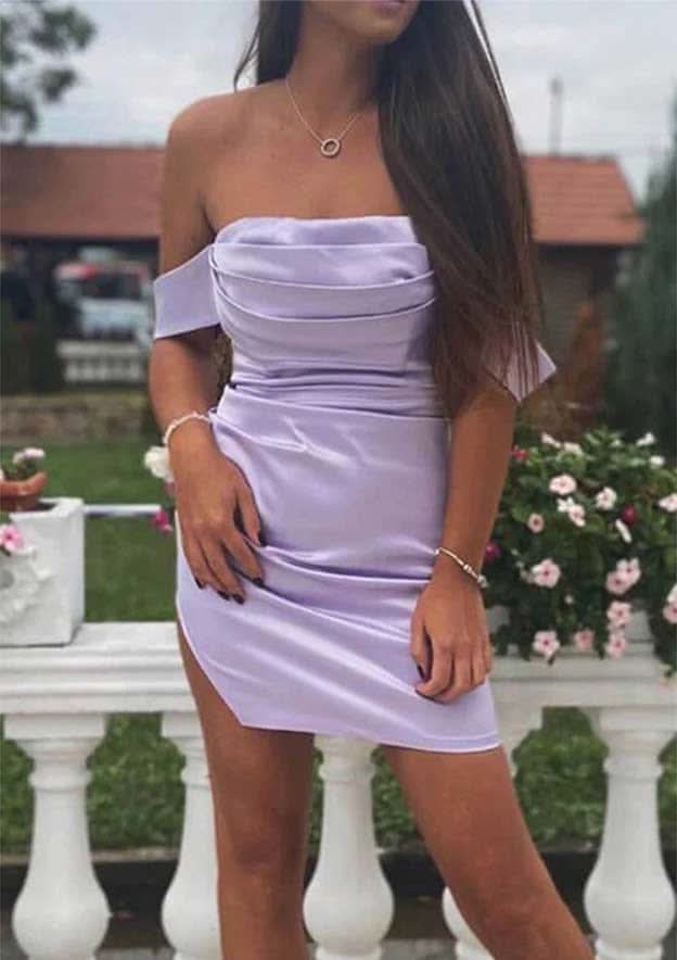 Sheath Off-The-Shoulder Sleeveless Mini Silk-Like Satin Homecoming Dress With Pleated Split BM bride