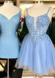 A-Line V-Neck Mini Tulle Homecoming Dress With Applique Beading & Glitter - Elegant Party Wear BM bride