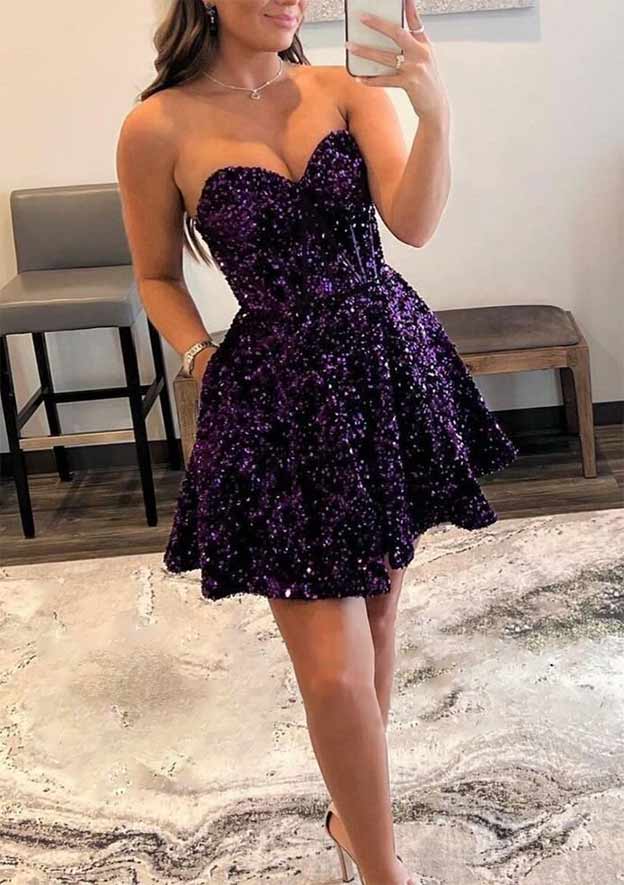 Velvet Mini Homecoming Dress With Pockets & Sweetheart Neckline BM bride