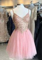 A-Line V-Neck Mini Tulle Homecoming Dress With Applique Sequins - Shimmering Evening Wear BM bride