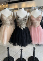 A-Line V-Neck Mini Tulle Homecoming Dress With Applique Sequins - Shimmering Evening Wear BM bride