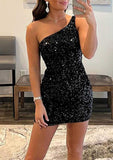 Sheath One-Shoulder Mini Velvet Sequins Homecoming Dress - Sparkling Evening Gown BM bride