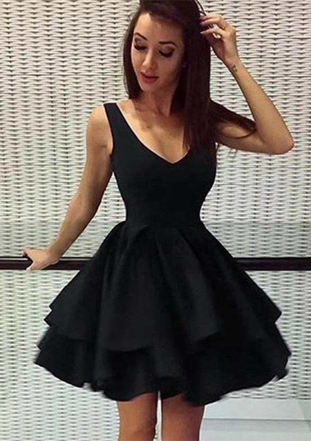 Pleated Mini Satin A-Line Dress With V-Neck & Long Sleeves - Homecoming Style BM bride