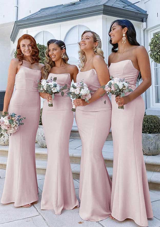 Floor-Length Elastic Satin Bridesmaid Dress In Sheath/Column Shape, Square Neck, Sleeveless BM bride