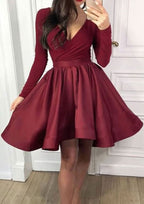 A-Line V-Neck Long Sleeve Mini Satin Homecoming Dress With Pleats BM bride