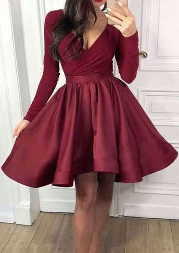 A-Line V-Neck Long Sleeve Mini Satin Homecoming Dress With Pleats BM bride