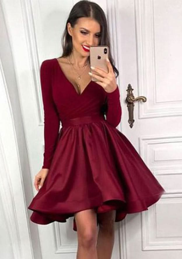 A-Line V-Neck Long Sleeve Mini Satin Homecoming Dress With Pleats BM bride