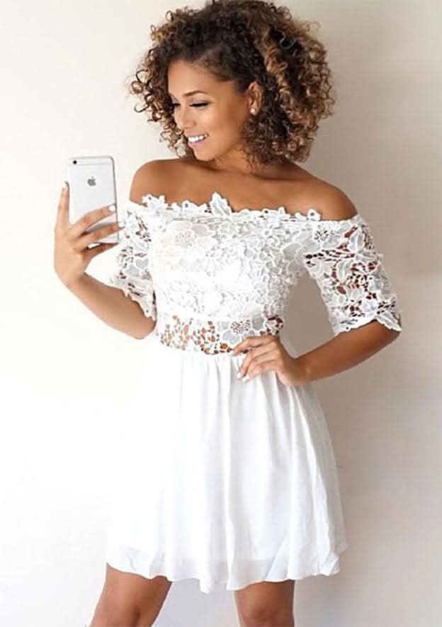 A-Line Off-The-Shoulder Half Sleeve Mini Chiffon Homecoming Dress With Lace BM bride