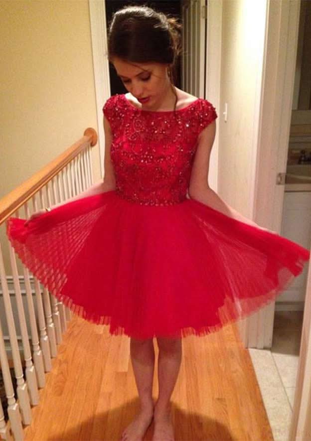 A-Line Bateau Sleeveless Mini Tulle Homecoming Dress With Applique Beading BM bride