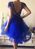 A-Line Illusion Neck Short Sleeve Asymmetrical Tulle Homecoming Dress With Applique Beading BM bride