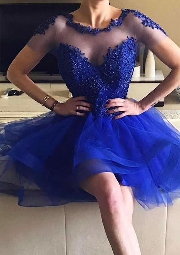 A-Line Illusion Neck Short Sleeve Asymmetrical Tulle Homecoming Dress With Applique Beading BM bride