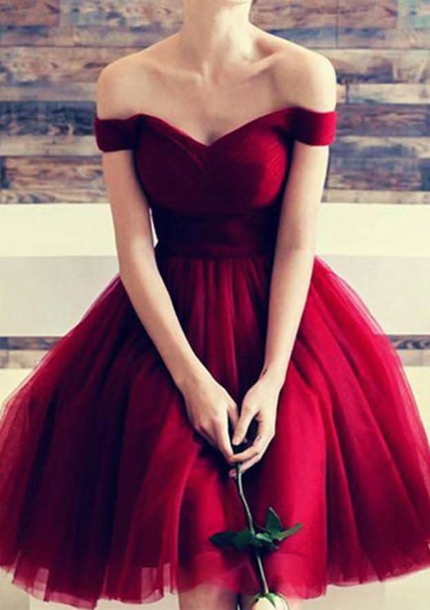 A-Line Off-The-Shoulder Short Sleeve Mini Tulle Homecoming Dress BM bride