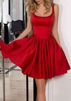 A-Line Square Neckline Sleeveless Mini Satin Homecoming Dress With Bowknot Ruffles BM bride