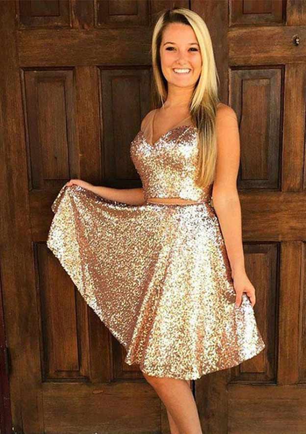 A-Line Illusion Neck Sleeveless Mini Sequined Homecoming Dress BM bride