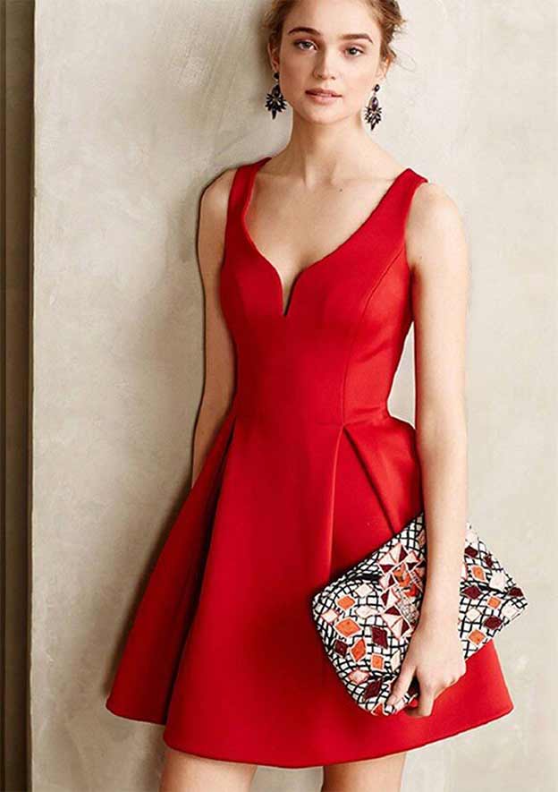 A-Line V-Neck Sleeveless Mini Satin Homecoming Dress BM bride