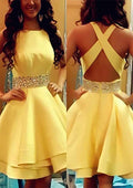 A-Line Scoop Neck Sleeveless Mini Satin Homecoming Dress With Beading Ruffles BM bride