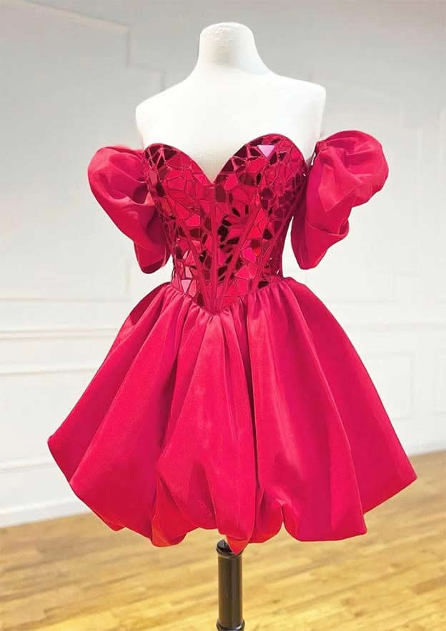 Short Sleeve Mini Satin Princess Homecoming Dress With Sweetheart Neckline & Sequins Bubble BM bride