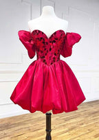 Short Sleeve Mini Satin Princess Homecoming Dress With Sweetheart Neckline & Sequins Bubble BM bride