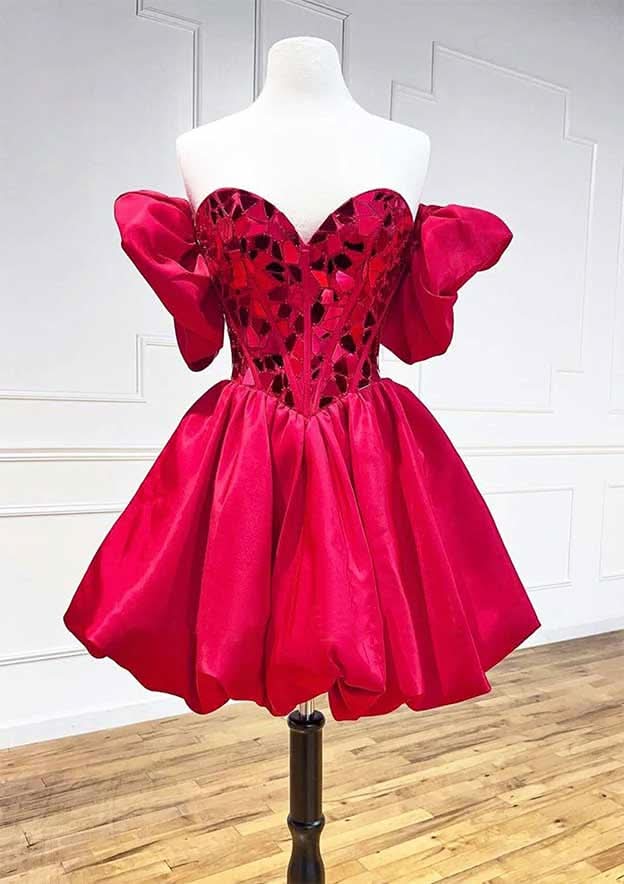 Short Sleeve Mini Satin Princess Homecoming Dress With Sweetheart Neckline & Sequins Bubble BM bride