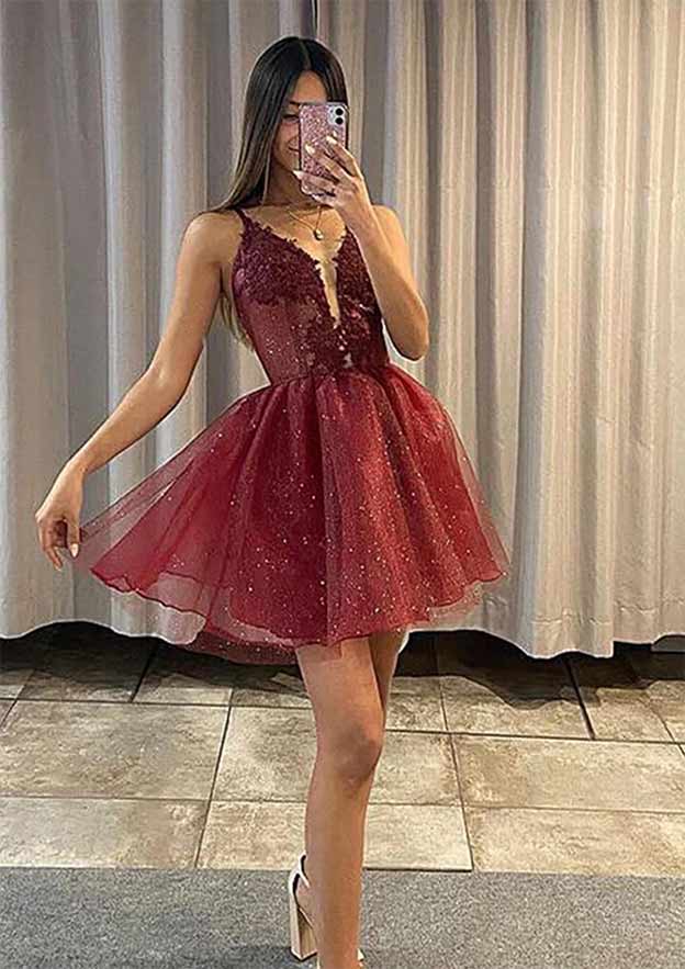 A-Line V-Neck Sleeveless Mini Tulle Homecoming Dress With Applique Sequins BM bride