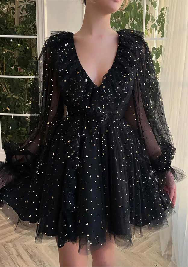 Long Sleeve Mini Tulle A-Line Dress With V-Neck & Sequins For Homecoming BM bride