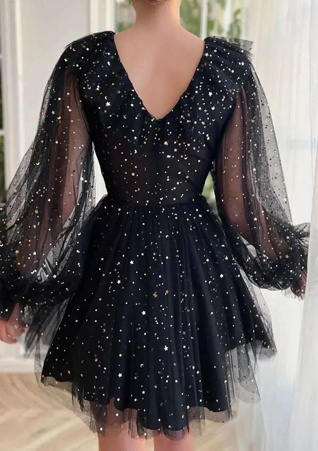 Long Sleeve Mini Tulle A-Line Dress With V-Neck & Sequins For Homecoming BM bride