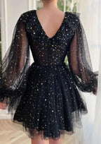 Long Sleeve Mini Tulle A-Line Dress With V-Neck & Sequins For Homecoming BM bride