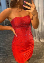 Sheath Sweetheart Neckline Mini Satin Homecoming Dress With Beading - Glamorous Event Gown BM bride