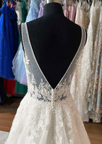 Chic A-Line/Princess V-Neck Sleeveless Long Tulle Wedding Dress with Stunning Appliqued Details BM bride