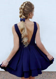 Pleated Mini Satin A-Line Dress With V-Neck & Long Sleeves - Homecoming Style BM bride