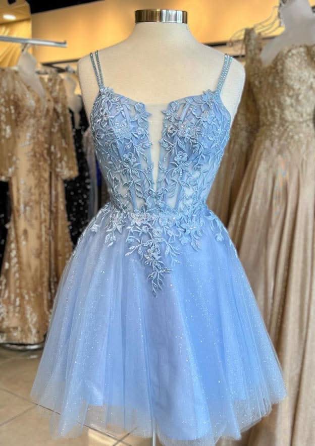 A-Line V-Neck Mini Tulle Homecoming Dress With Applique Beading & Glitter - Elegant Party Wear BM bride