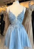A-Line V-Neck Mini Tulle Homecoming Dress With Applique Beading & Glitter - Sparkling Party Dress BM bride