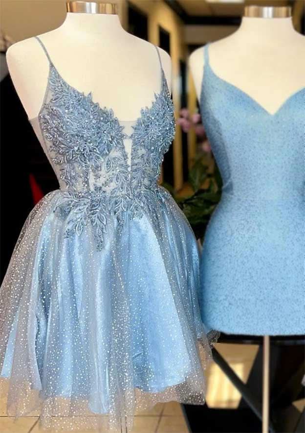 A-Line V-Neck Mini Tulle Homecoming Dress With Applique Beading & Glitter - Sparkling Party Dress BM bride