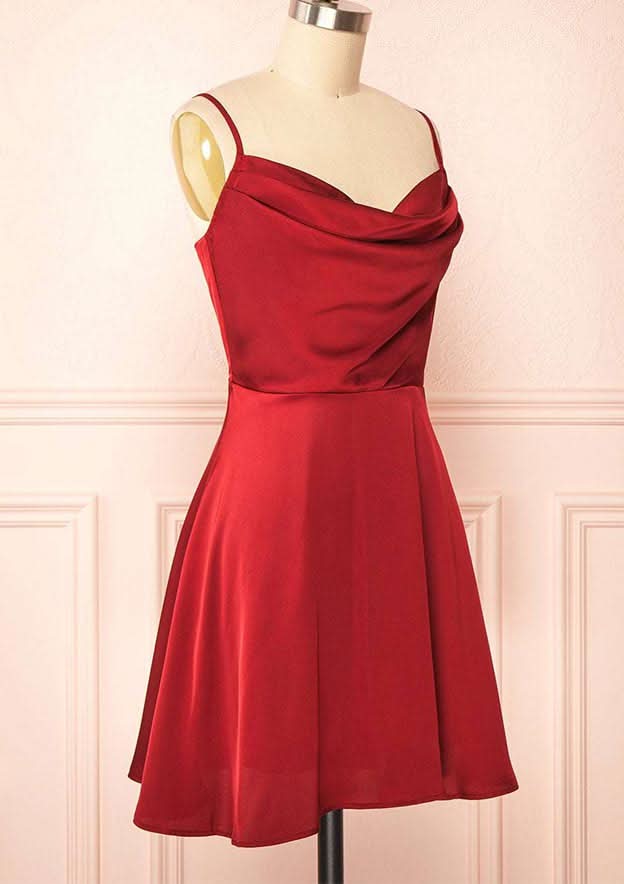 Sleeveless Mini Charmeuse Dress With Cowl Neck & Pleats For Homecoming BM bride