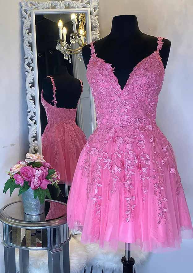 A-Line Mini Tulle Homecoming Dress With V-Neck & Embellished Appliqueds BM bride