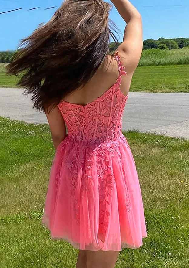 A-Line Mini Tulle Homecoming Dress With V-Neck & Appliqued Beading BM bride