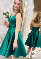 Stunning A-Line V-Neck Sleeveless Satin Mini Homecoming Dress BM bride