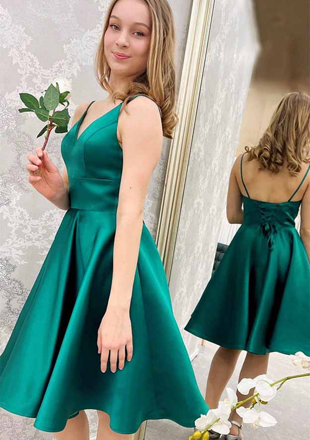 Stunning A-Line V-Neck Sleeveless Satin Mini Homecoming Dress BM bride