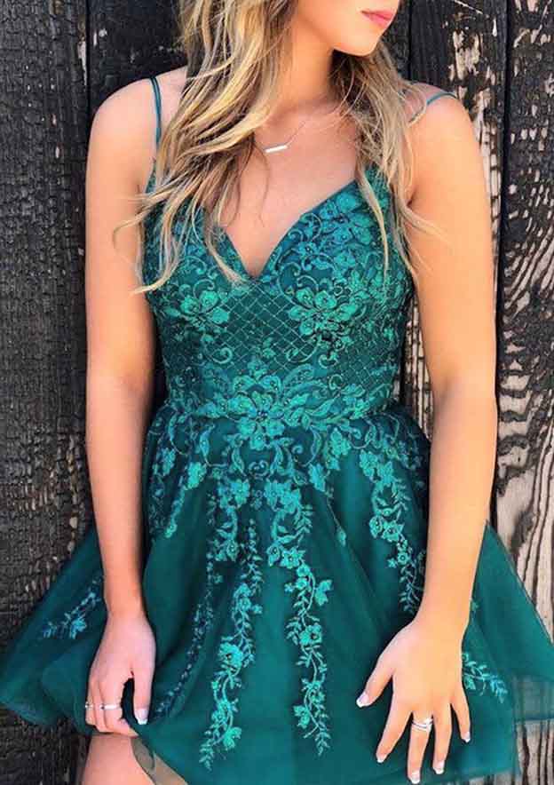 Delicate A-Line Sleeveless Lace Tulle Homecoming Dress With Appliqued Beading BM bride