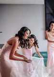 Sheath/Column Cowl Neck Satin Bridesmaid Dress, Floor-Length, Sleeveless, Accented With Pleats BM bride