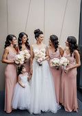 Sheath/Column Cowl Neck Satin Bridesmaid Dress, Floor-Length, Sleeveless, Accented With Pleats BM bride