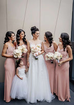 Sheath/Column Cowl Neck Satin Bridesmaid Dress, Floor-Length, Sleeveless, Accented With Pleats BM bride