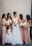Sheath/Column Cowl Neck Satin Bridesmaid Dress, Floor-Length, Sleeveless, Accented With Pleats BM bride