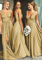 A-Line/Princess Sweep Train Jersey Bridesmaid Dress, V-Neck With Pleats, Split, And Waistband BM bride